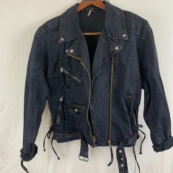 Free People Denim Moto Jacket Womens Small Black Oversized Corset Lace-Up Sides - Picture 14 of 16